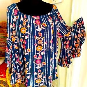 Anthropologie FEVER Long Sleeve Navy Lightweight Floral Print Pullover Top. Lg